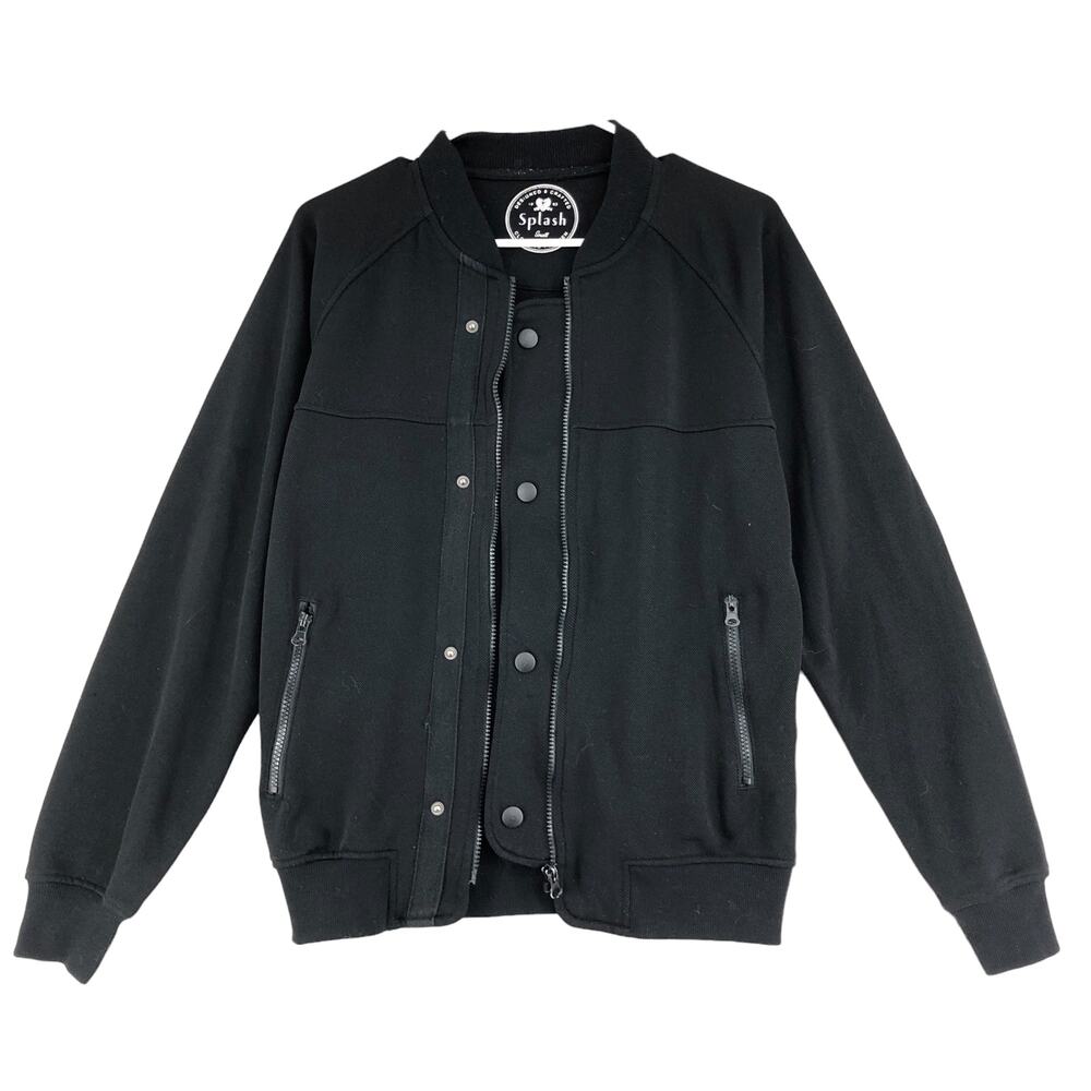 Splash Mens Size S Black Flight Jacket Full Zip Snap Fleece Collarless